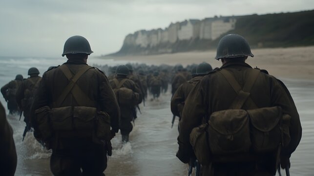 Soldiers landing on Normandy – Depicting a historic World War II moment, courage, and the intensity of the D-Day invasion
