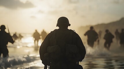 Soldiers landing on Normandy – Depicting a historic World War II moment, courage, and the intensity of the D-Day invasion