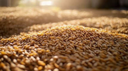 Obraz premium Close-up of grains creating a textured surface, illuminated by warm sunlight, showcasing agricultural abundance.