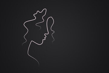 Minimal line art illustration of a beautiful woman with a curly hair on a black background. Elegant beauty aesthetics.