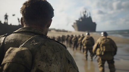 Soldiers landing on Normandy – Depicting a historic World War II moment, courage, and the intensity of the D-Day invasion