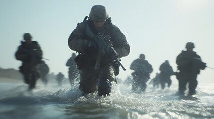 Soldiers landing on Normandy – Depicting a historic World War II moment, courage, and the intensity of the D-Day invasion