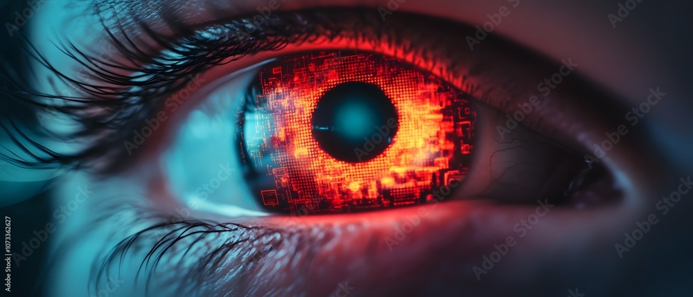 Poster futuristic cybernetic eye with digital patterns and glowing red iris reflecting technology and innov