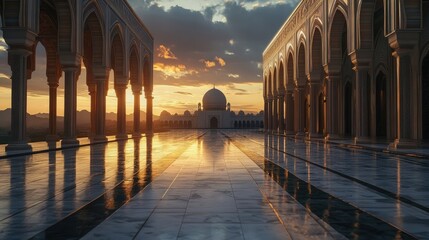 A view of a mosque at sunset, with the sun shining through the columns and reflecting off the wet marble floor.