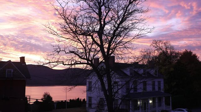 Morning Sunrise Over Hudson River and Homes in Fall, Newburgh NY 03