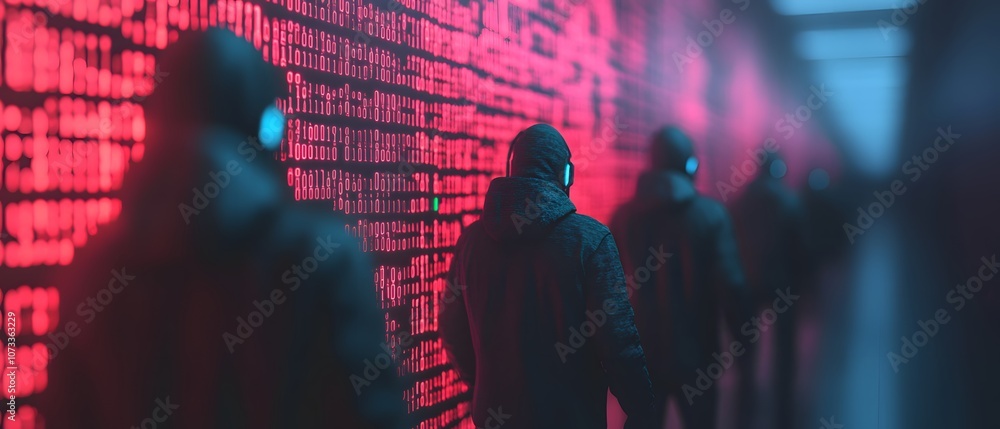 Aufkleber Mysterious Figures in Hoodies Surrounded by Bright Red Digital Data Imagery in a High-Tech Environment Representing Cybersecurity and Technology Themes