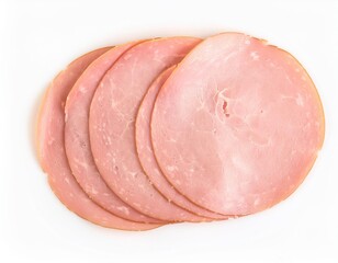 Sliced ham presenting a delicate pink hue on white background
