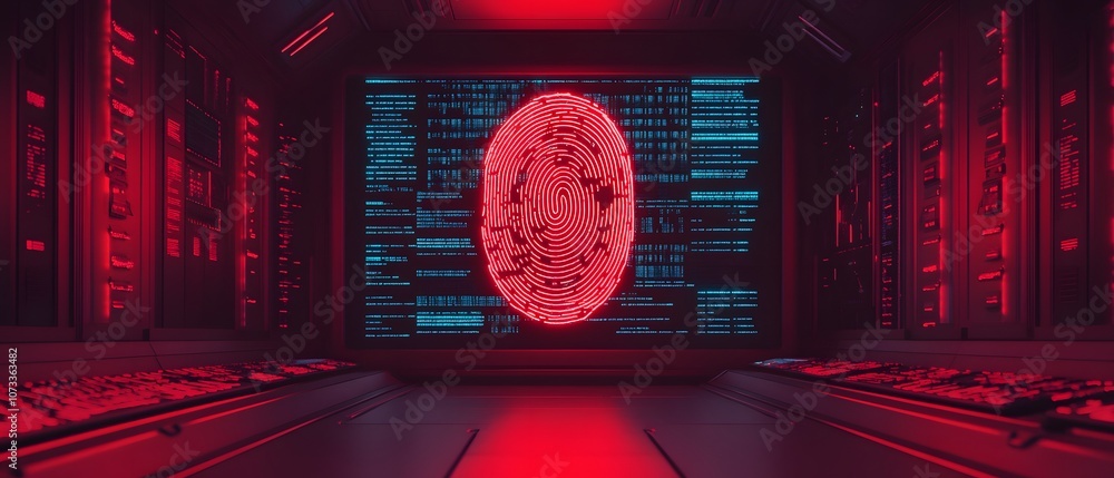 Poster Futuristic Digital Fingerprint Security Concept with Neon Lights in a High-Tech Server Room Showcasing Advanced Technology and Cybersecurity Measures