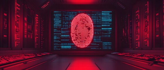 Futuristic Digital Fingerprint Security Concept with Neon Lights in a High-Tech Server Room Showcasing Advanced Technology and Cybersecurity Measures