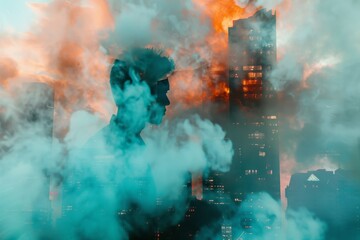 Double exposure view of male figure portrait in surreal big city with smoke. Neural network ai generated art
