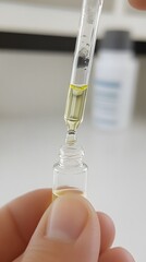 Scientist hand holding pipette dropper with essential oil or serum