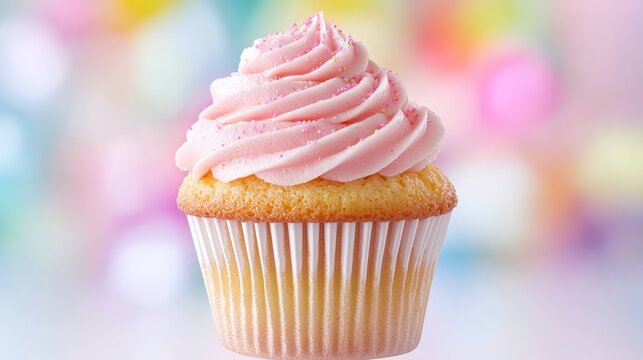 Delight your taste buds with a beautifully frosted cupcake topped with pink icing and sprinkles