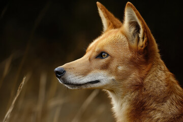 Fototapeta premium Profile of a wild dingo with striking amber eyes, surrounded by a natural, earthy backdrop, showcasing its alert and majestic presence.