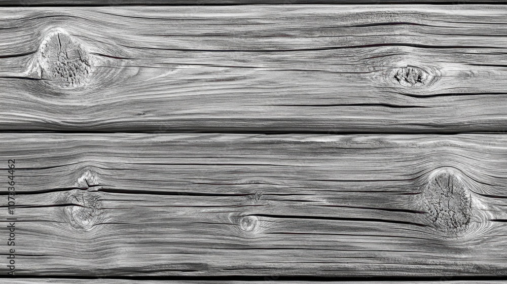 Poster textured surface of weathered wooden planks with distinct grain patterns and knots in black and whit