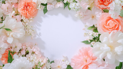 blossom flowers blooming floral festive bouquet wall fashion beige pink white background with copy space. 3D fashion pastel beautiful card wallpaper