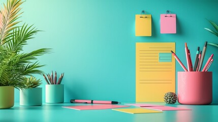 Create a vibrant and organized workspace with colorful stationery and greenery for enhanced productivity