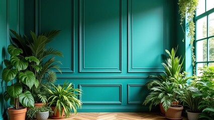 Lush indoor space with teal wall scene, sophisticated and plant-filled
