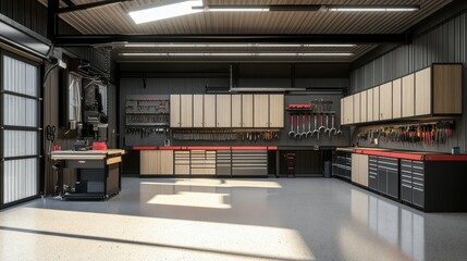 Bright and Spacious Garage Workshop with Organized Tools and Equipment, Ideal for Automotive Projects and DIY Repairs in a Modern Setting