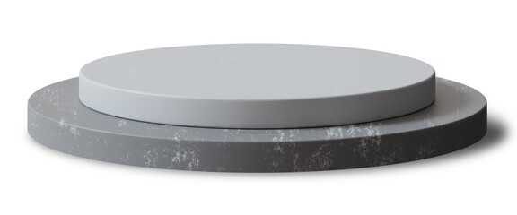 Minimalistic concrete podium on transparent background. Front view. Mock up for product display. Cut out pedestal or platform. Empty scene. Stage, showcase for advertising, merchandise. 3D render.