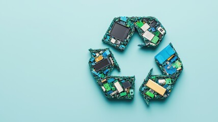 Conceptual representation of electronic waste recycling with circuit boards arranged in a circular pattern on a pastel blue background highlighting sustainability and tech innovation