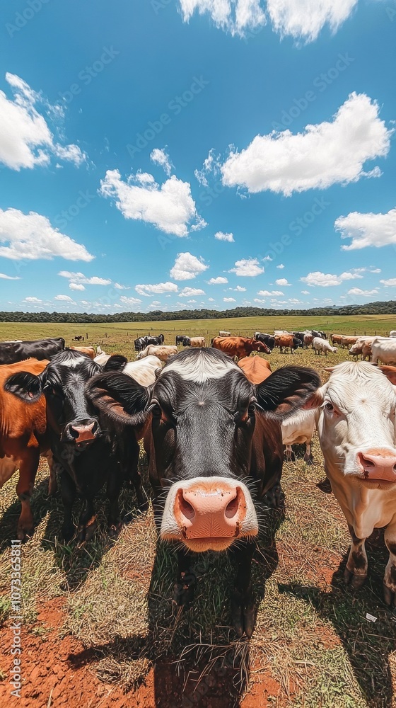 Poster a herd of cows are standing in a field with a blue sky in the background