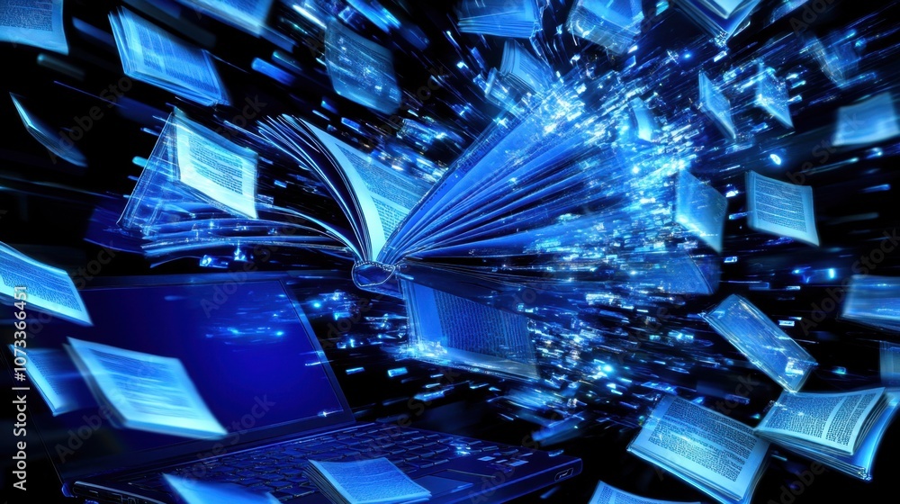 Poster dynamic concept of digital learning featuring a laptop and flying e-books representing the fusion of
