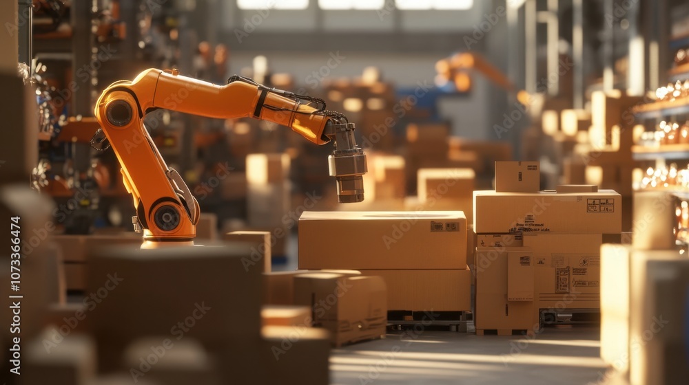 Poster industrial automation with robotic arm working in modern warehouse handling cardboard boxes and inve