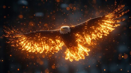 an eagle flies with fiery wings in the air