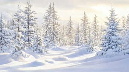 Obraz premium Serene Winter Wonderland with Snow-Covered Pines and Soft Light Bathing a Tranquil Forest Landscape in a Peaceful and Idyllic Scene