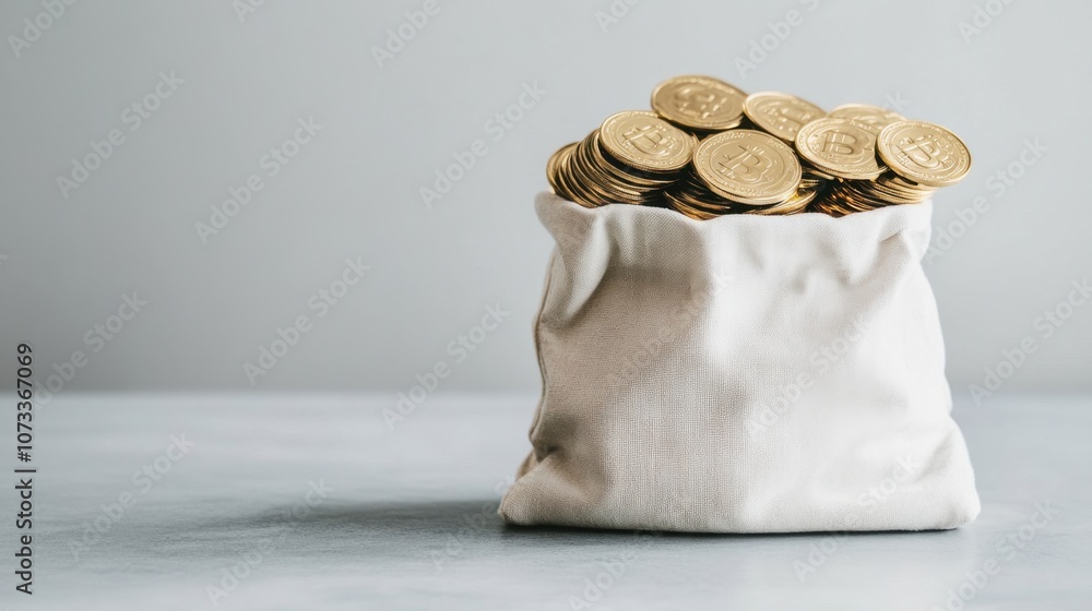 Poster a close-up view of a fabric bag overflowing with golden coins symbolizing wealth and abundance on a 