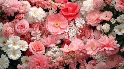 Realistic photo of blossom flowers blooming floral festive bouquet wall fashion pink cream white background. 3D fashion pastel beautiful card wallpaper