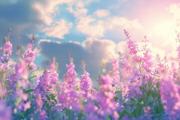 Fototapeta premium Purple lavender flowers on sunny beautiful nature spring background. Summer scene with fresh lavandula flower of lilac color. Neural network ai generated art