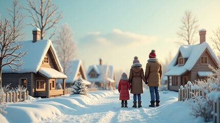 christmas miniature diorama. A fairytale Christmas scene with a snow-covered winter village and warm light.