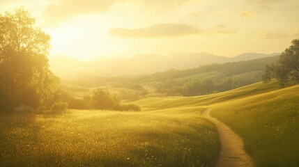 Fototapeta premium Soft focus mountain dirt road in foggy frosty dawn with warm colors and visible sunshine Morning dirt road through mountain plateau 