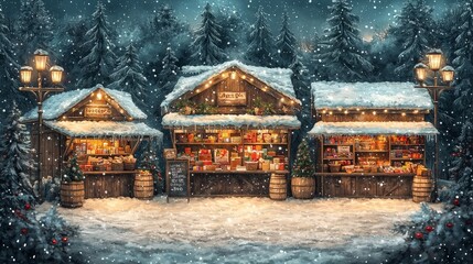 Experience the magic of a winter market with cozy stalls festive lights and enchanting snowfall