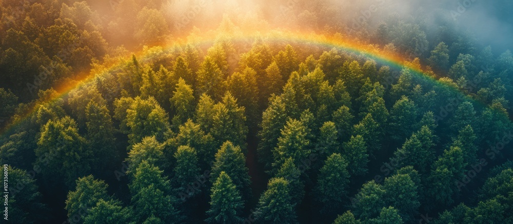 Poster aerial view of a dense forest with a rainbow arching over the trees and sunlight breaking through th