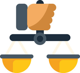 This vector illustration shows a hand holding a balance scale, representing the concept of justice, law, and fairness