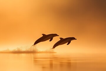 Orca family jumping out of the water on the coast during sunrise &ndash; Capturing the beauty of marine life, family bonds, and a vibrant coastal scene