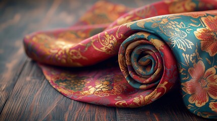 Elegant Draped Fabric with Colorful Floral Patterns on Wooden Background, Perfect for Textile and Crafting Crafts, Home Decor, and Fashion Design Inspiration