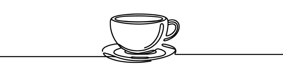 Minimalist continuous line drawing representing a cup of coffee on a saucer. Vector illustration.