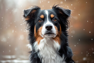 A Border Collie with black, white, and brown fur looks intently under falling snow, showcasing its expressive eyes and fluffy coat in a winter setting.