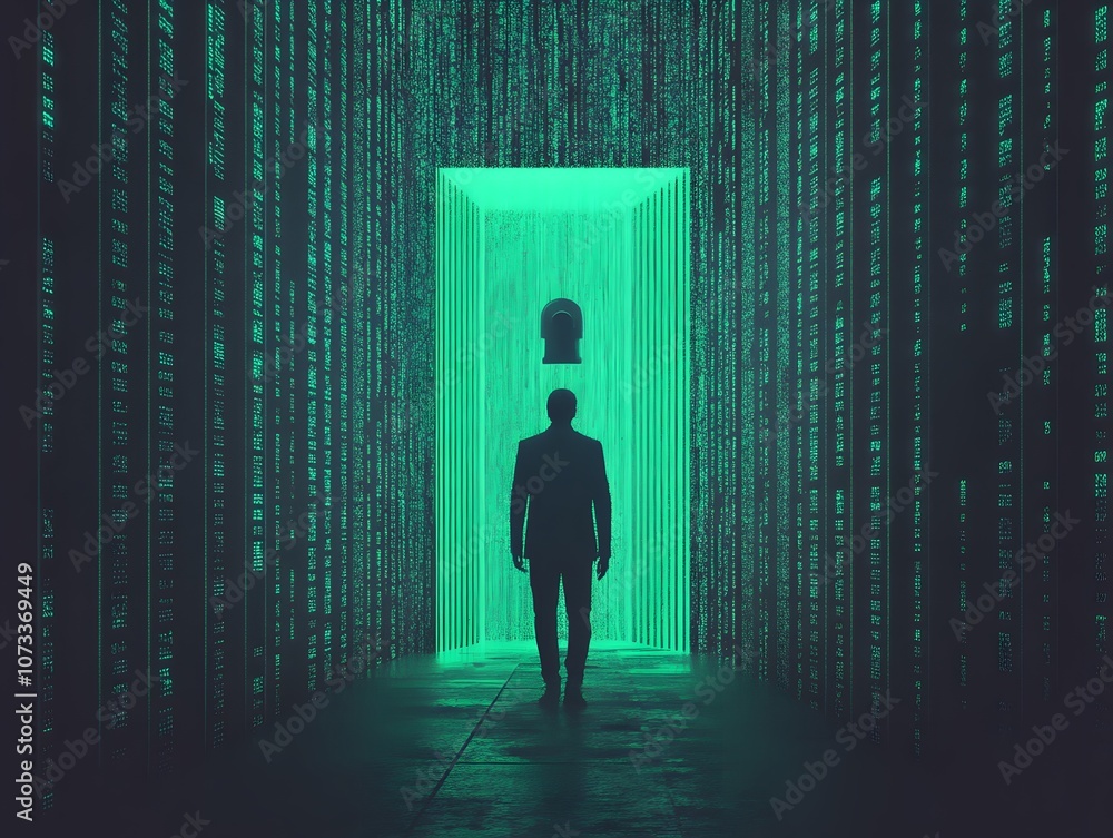 Fototapete Mysterious Figure Walking Towards Lighted Door in Abstract Digital Environment Surrounded by Falling Code and Data Streams Representing Technology and Virtual Reality