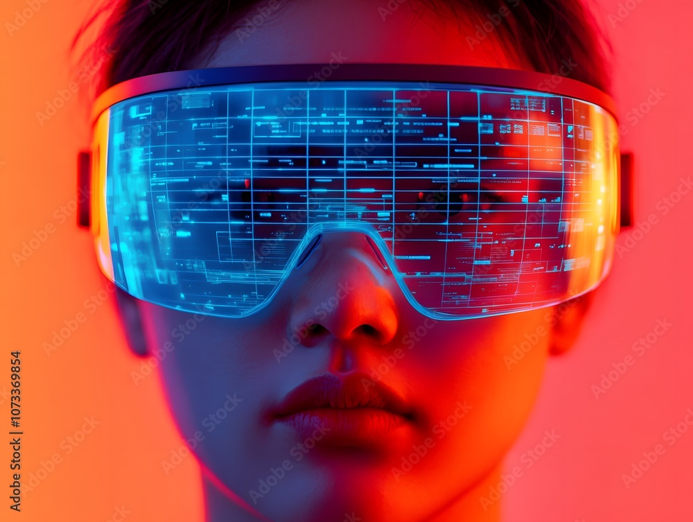 Poster futuristic young person wearing advanced virtual reality headset with neon illuminations reflecting 