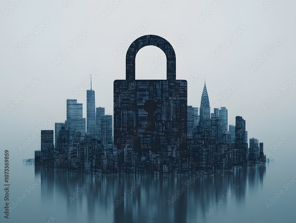 Poster urban landscape with digital security lock symbolizing privacy and data protection in modern cities,
