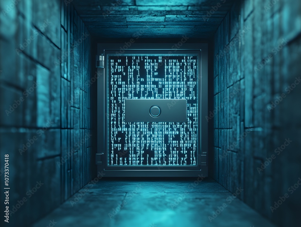 Poster Futuristic Digital Safe in a Dark Tunnel with Glowing Data Stream - Conceptual Representation of Cybersecurity and High-Tech Protection Mechanisms
