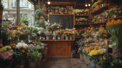 Charming Flower Shop Interior with Abundant Bouquets and Fresh Blooms Brightening the Space, Ideal for Floral Arranging, Gardening, and Nature Enthusiasts