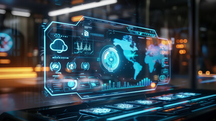 Augmented reality dashboard displaying a secure cloud database with holographic data encryption layers, user access control icons, and live security alerts.