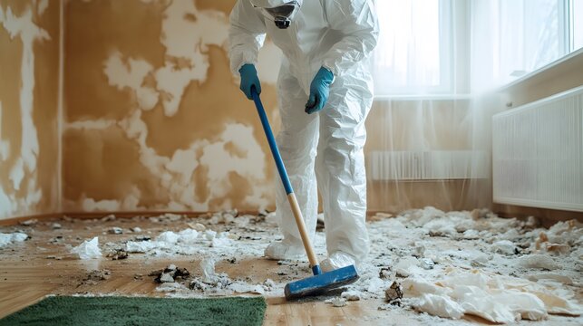 Living room in an apartment that has been burned, with a man wearing a PPE kit cleaning – Depicting fire damage recovery, safety protocols, and restoration efforts