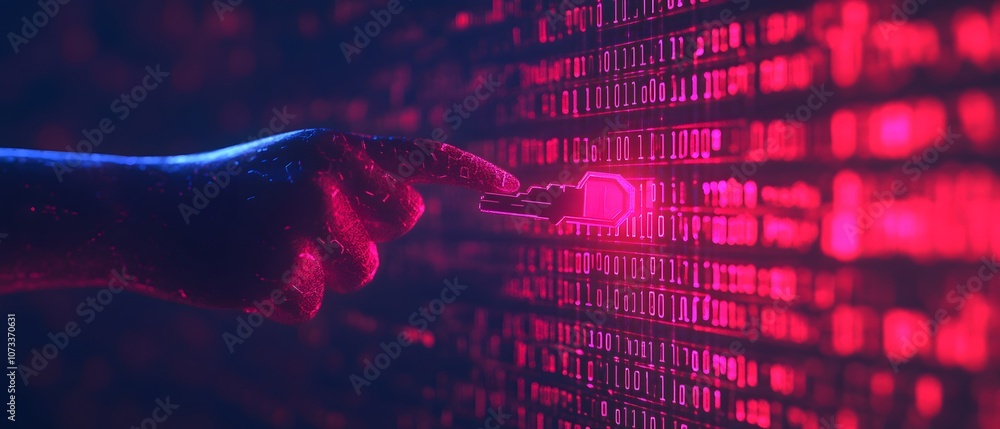 Aufkleber futuristic digital interaction with binary code and glowing neon elements depicting technology, cybe