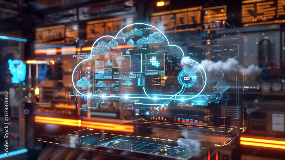 Poster augmented reality interface highlighting a cloud management system, with firewalls, user access logs